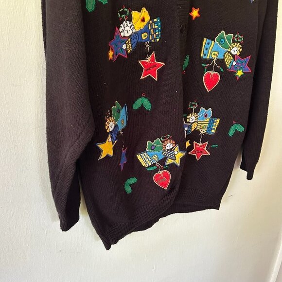 Quacker Factory Cardigan Womens Medium Black Knit Sweater Angels Miracles VTG - Picture 3 of 7